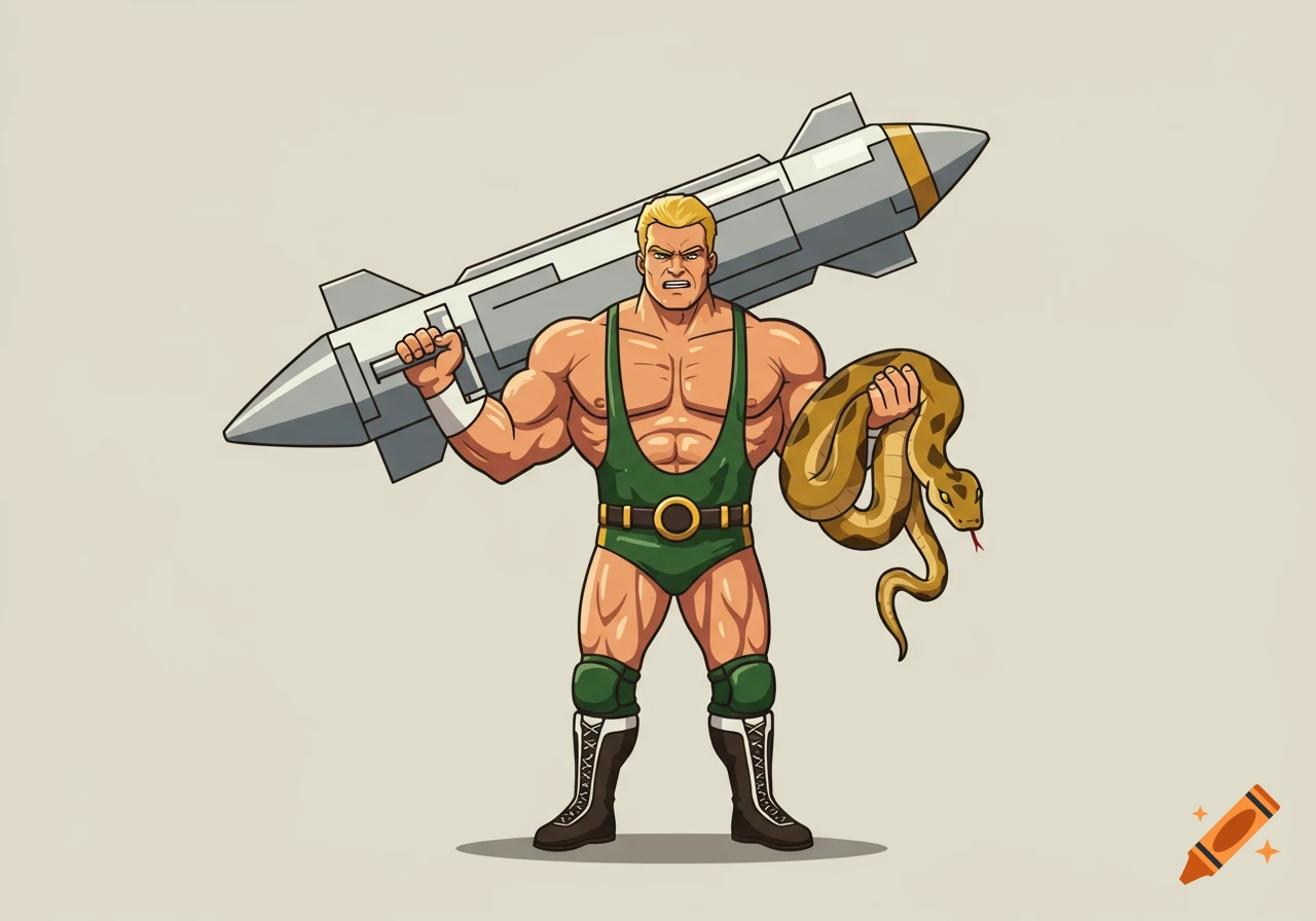 Blond wrestler in a green singlet holds a missile and a python in a cartoon style.