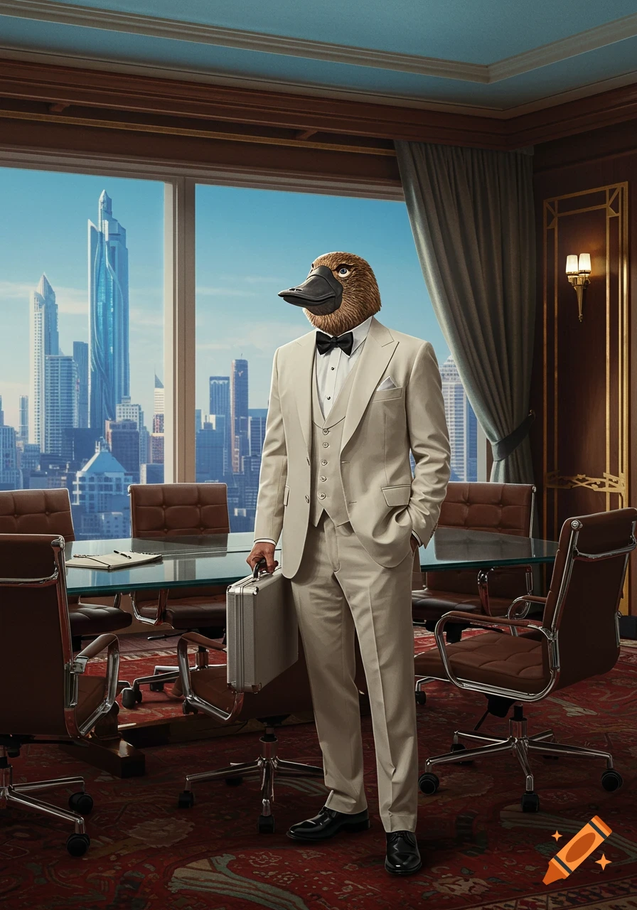 Photorealistic image of a platypus-headed businessman in a suit holding a briefcase in an elegant office overlooking a modern cityscape.