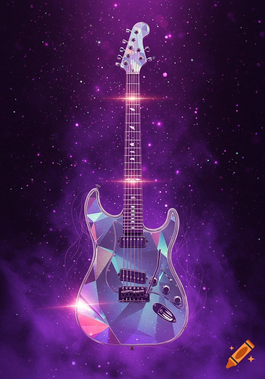 A shimmering electric guitar with a geometric, mirrorball-like body against a vibrant purple cosmic background with sparkles.