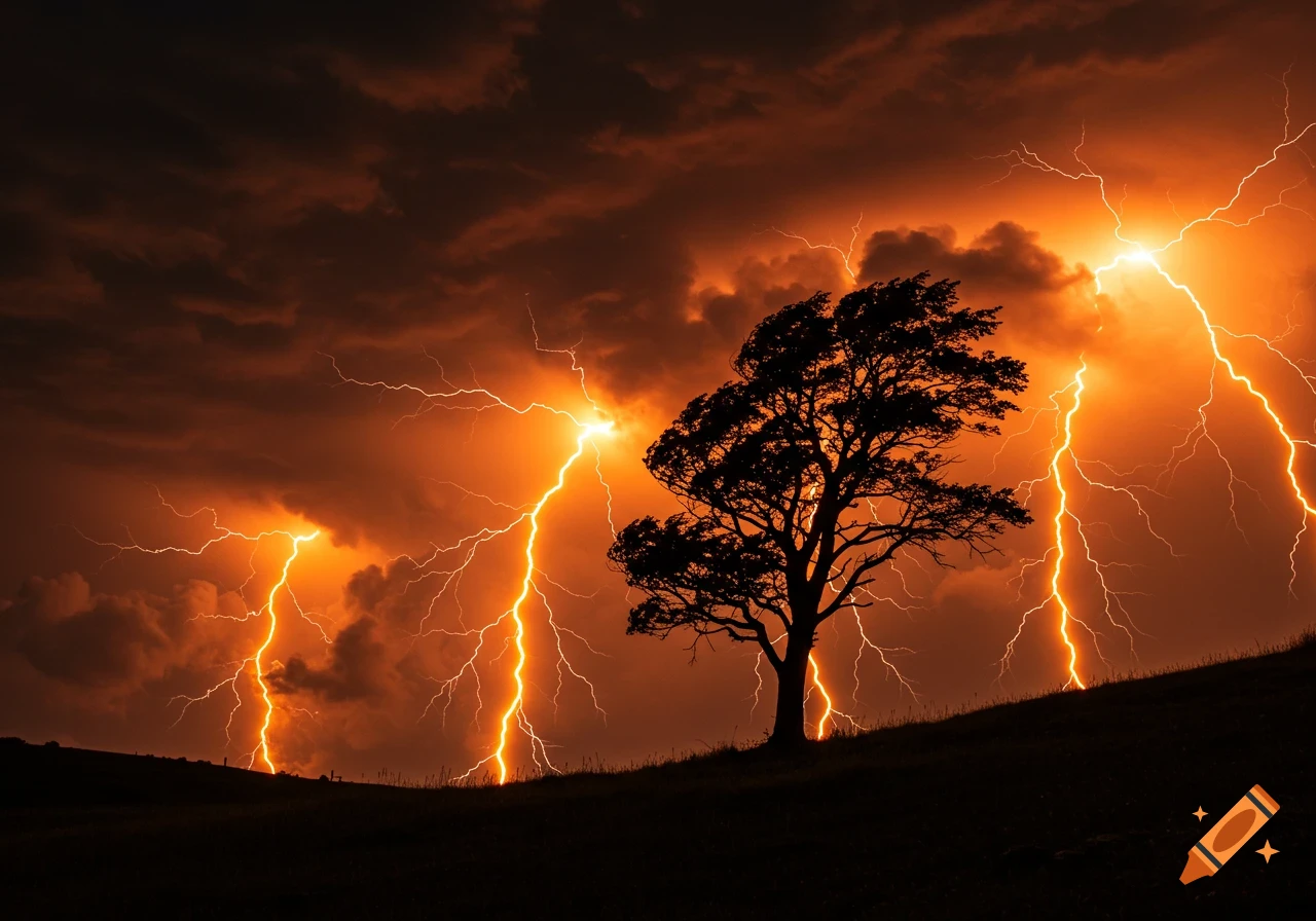 A lone tree silhouetted on a hill against a dramatic orange sky with multiple bright lightning strikes during a thunderstorm.