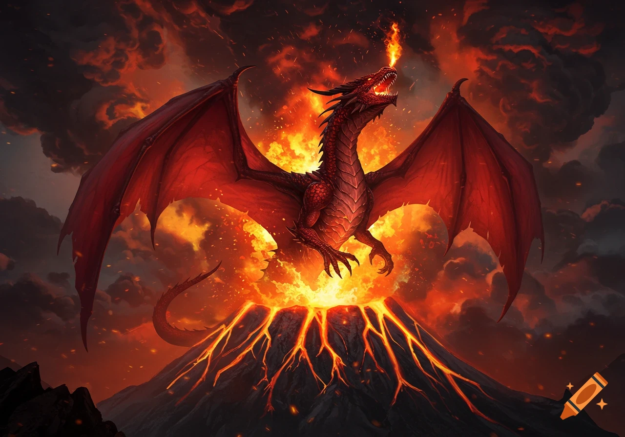 A majestic red dragon with large wings breathes fire over an erupting volcano with flowing lava, against a fiery, smoke-filled sky.