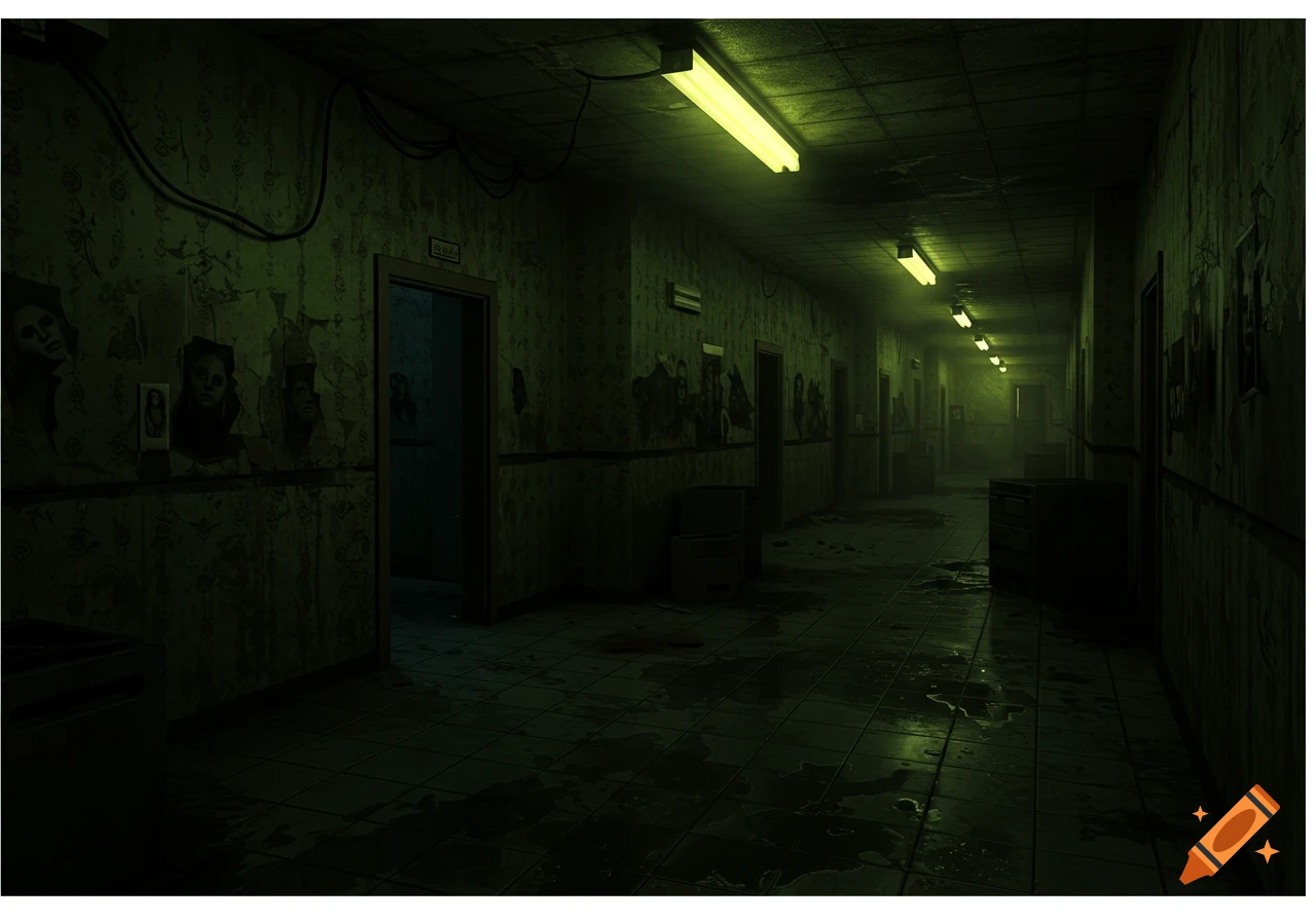 A dimly lit, grimy, abandoned corridor with fluorescent lights, peeling wallpaper, wet tiled floors, and faint posters on the walls.