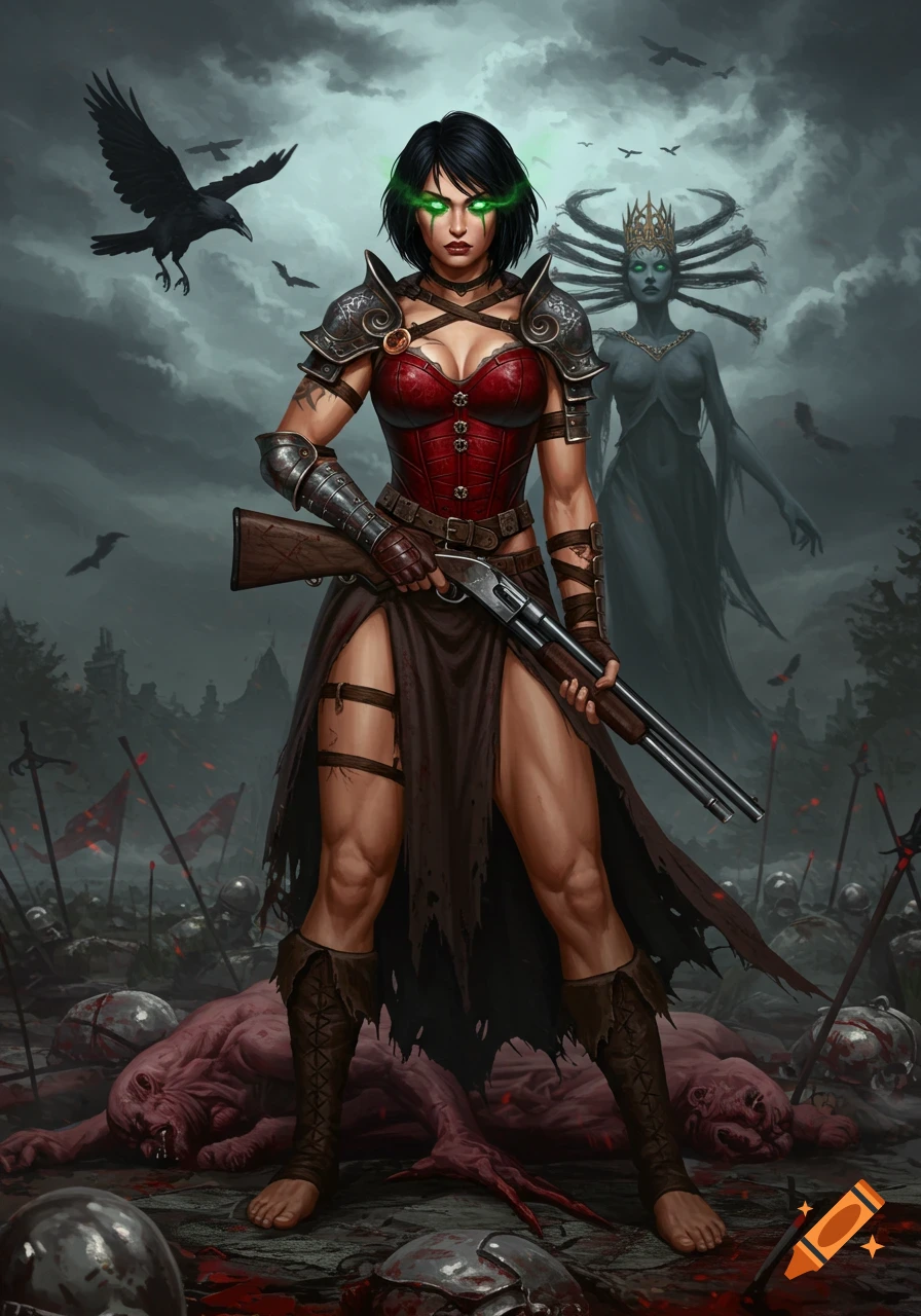 A fierce Celtic warrior with glowing green eyes, holding a shotgun, stands on a gothic battlefield over fallen monsters, with a crow and ghostly goddess.