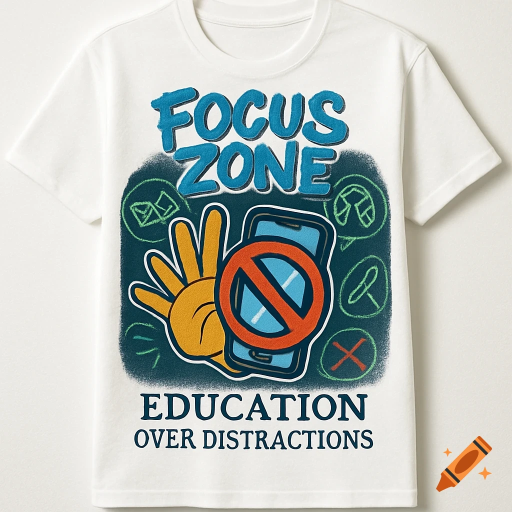 White t-shirt with a blue and orange graphic reading 'FOCUS ZONE' and 'EDUCATION OVER DISTRACTIONS' featuring a stylized hand and a no cell phone symbol.