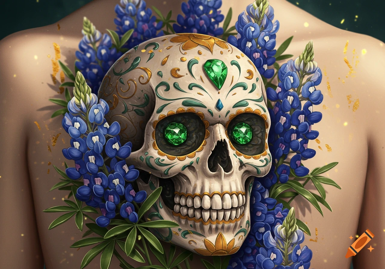 A detailed sugar skull tattoo adorned with green gems and bluebonnet flowers on a person's back, featuring intricate patterns.