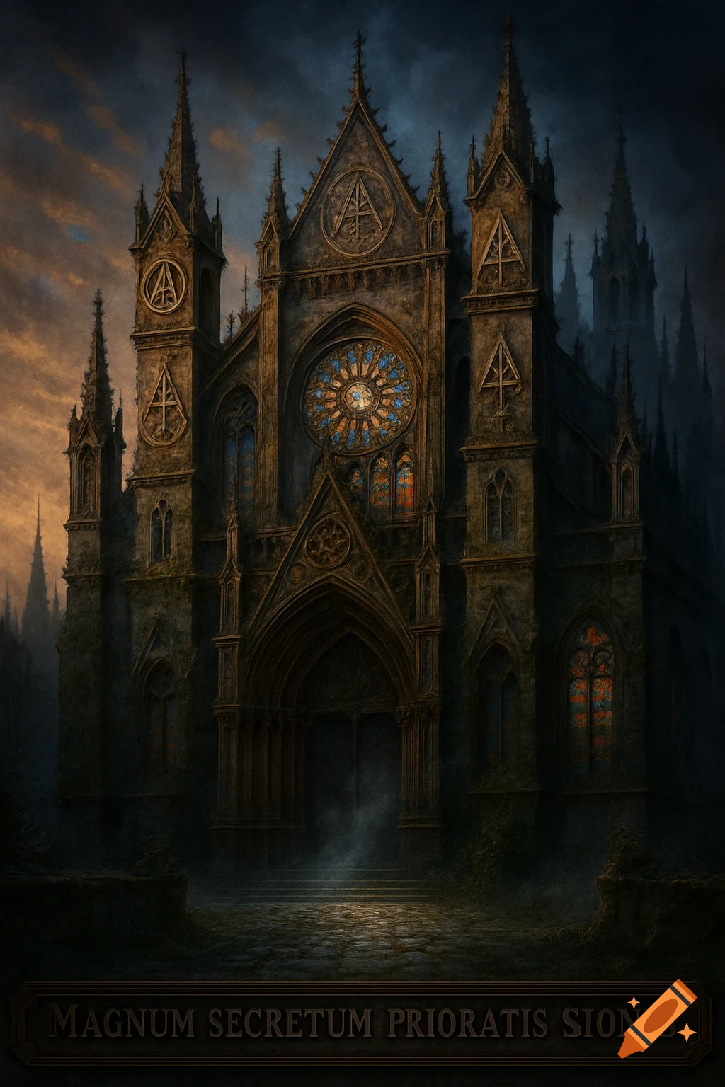 A dark, ornate gothic cathedral with intricate carvings and glowing stained glass windows. A banner at the bottom reads 'MAGNUM SECRETVM PRIORATIS SIONIS'.