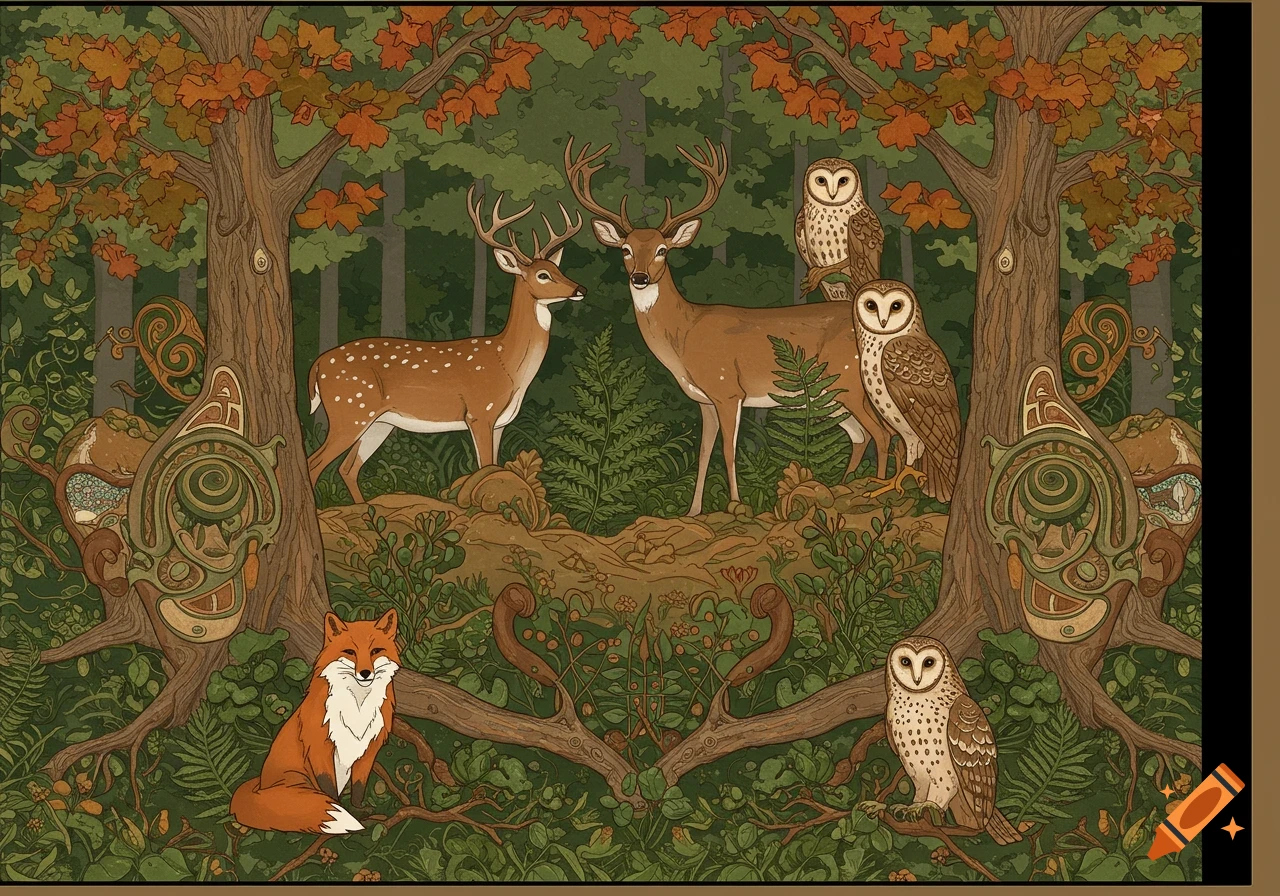 Detailed illustration of woodland animals: deer, fox, and owls in a stylized forest with tribal art motifs.