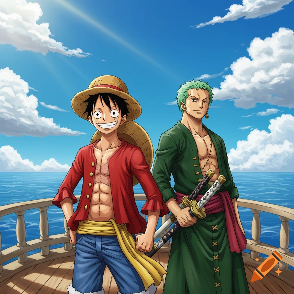 Anime illustration of Luffy and Zoro from One Piece standing on a ship deck with the ocean and sky behind them.