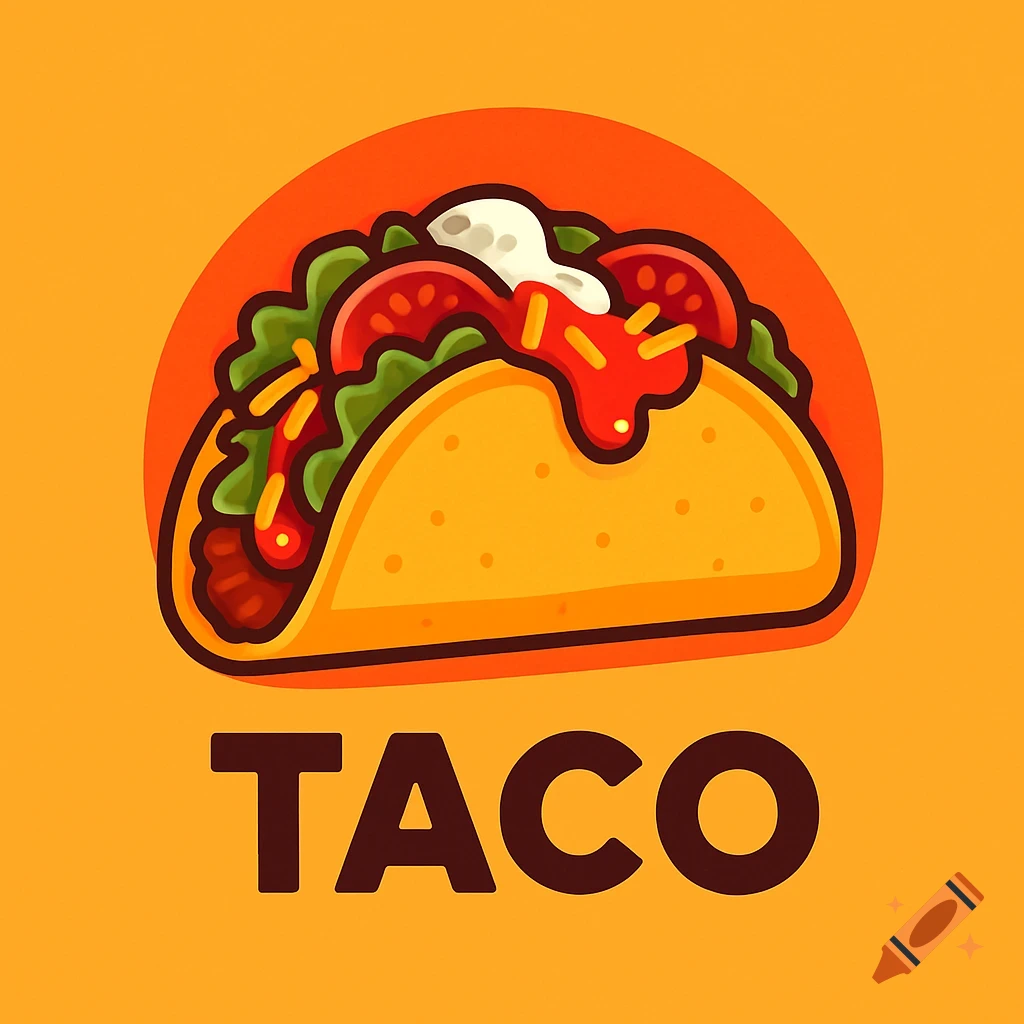 A cartoon illustration of a taco with toppings, above the word "TACO" on an orange background.
