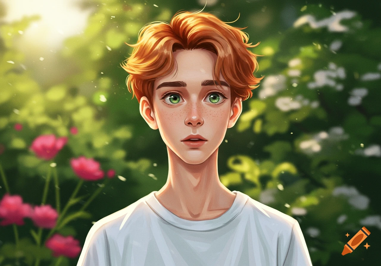 An anime-style portrait of a young man with red hair, green eyes, and freckles, wearing a white shirt, in a lush green garden with pink flowers.