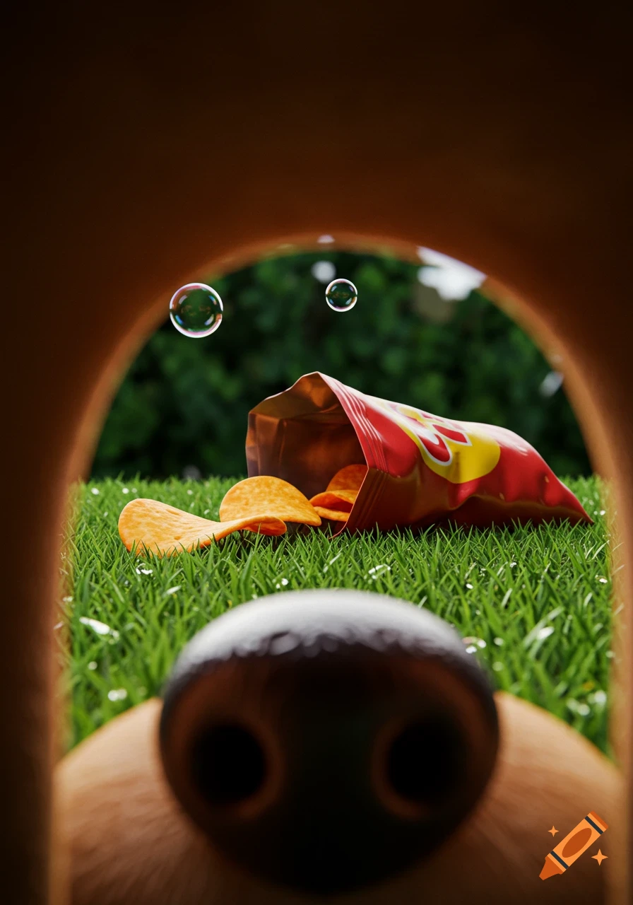 A low-angle 3D cartoon view from a dog's perspective shows its snout in the foreground, looking at a discarded bag of chips on grassy ground.