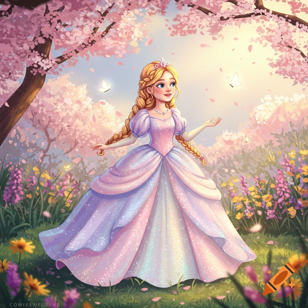 An illustrated princess in a shimmering pink and purple gown stands in a field of wildflowers under pink cherry blossoms, with butterflies flying around her.