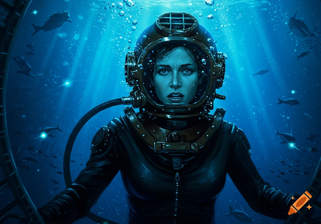 Woman in a vintage deep-sea diving helmet and suit submerged in a dark blue ocean with fish and bubbles.