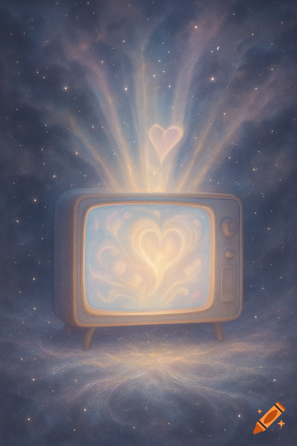 A glowing retro television broadcasts light and a heart symbol into a starry, cloudy night sky.