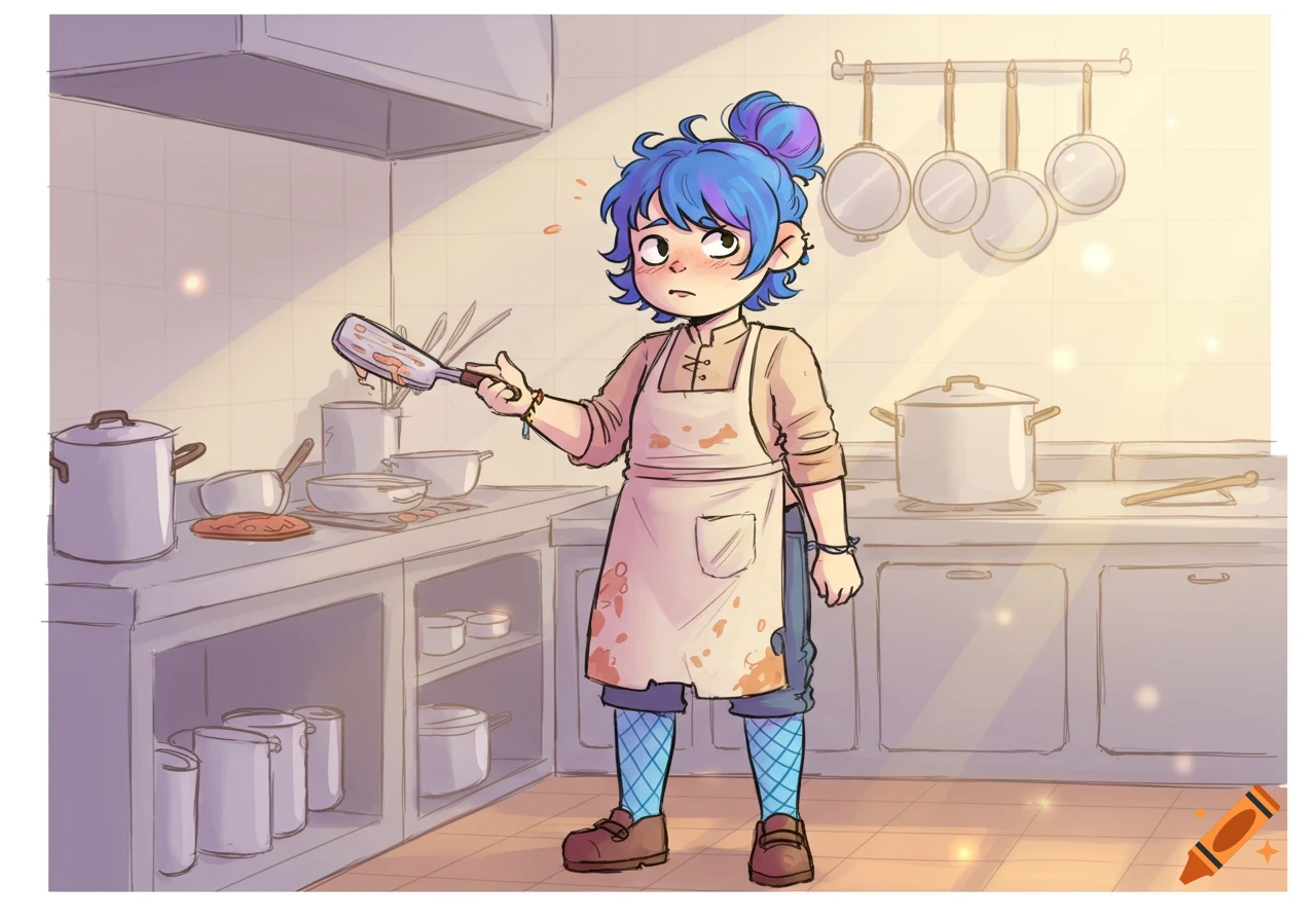 A simplistic drawing of a confused chef with blue and purple hair, wearing a stained apron, holding a spatula in a kitchen.