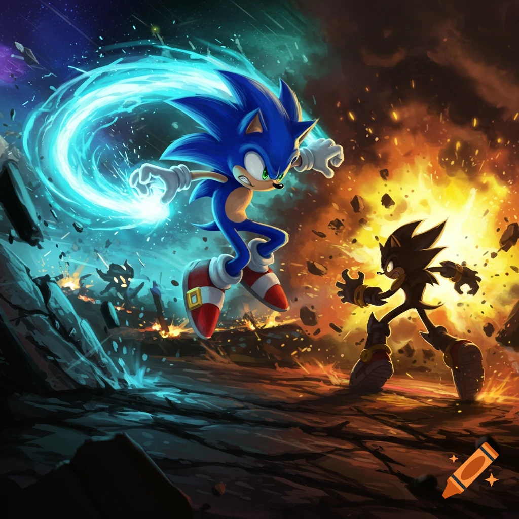 Anime-style illustration of Sonic the Hedgehog with a blue energy aura fighting a shadowy figure in a destructive, fiery landscape.