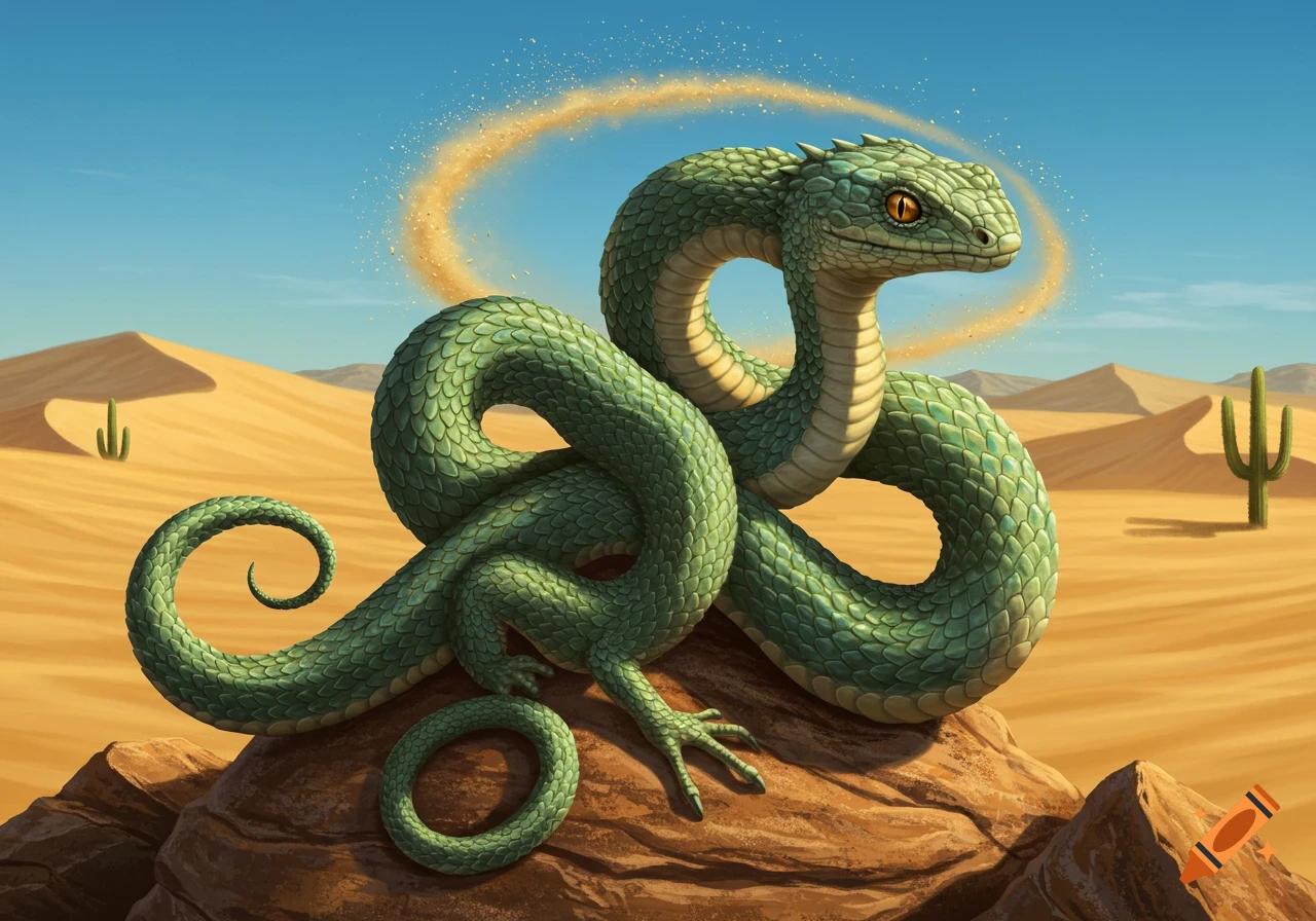 A vibrant green snake with lizard legs coils on desert rocks, with a sand dune landscape and swirling sand trail.