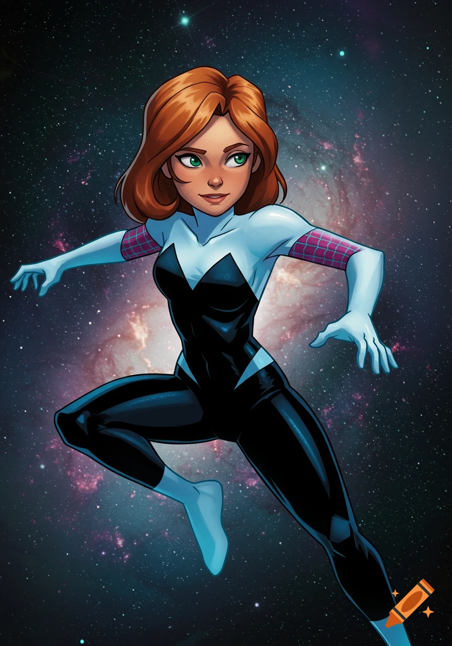Red-haired female superhero in a black and white suit with blue accents, leaping against a galaxy background in comic art style.