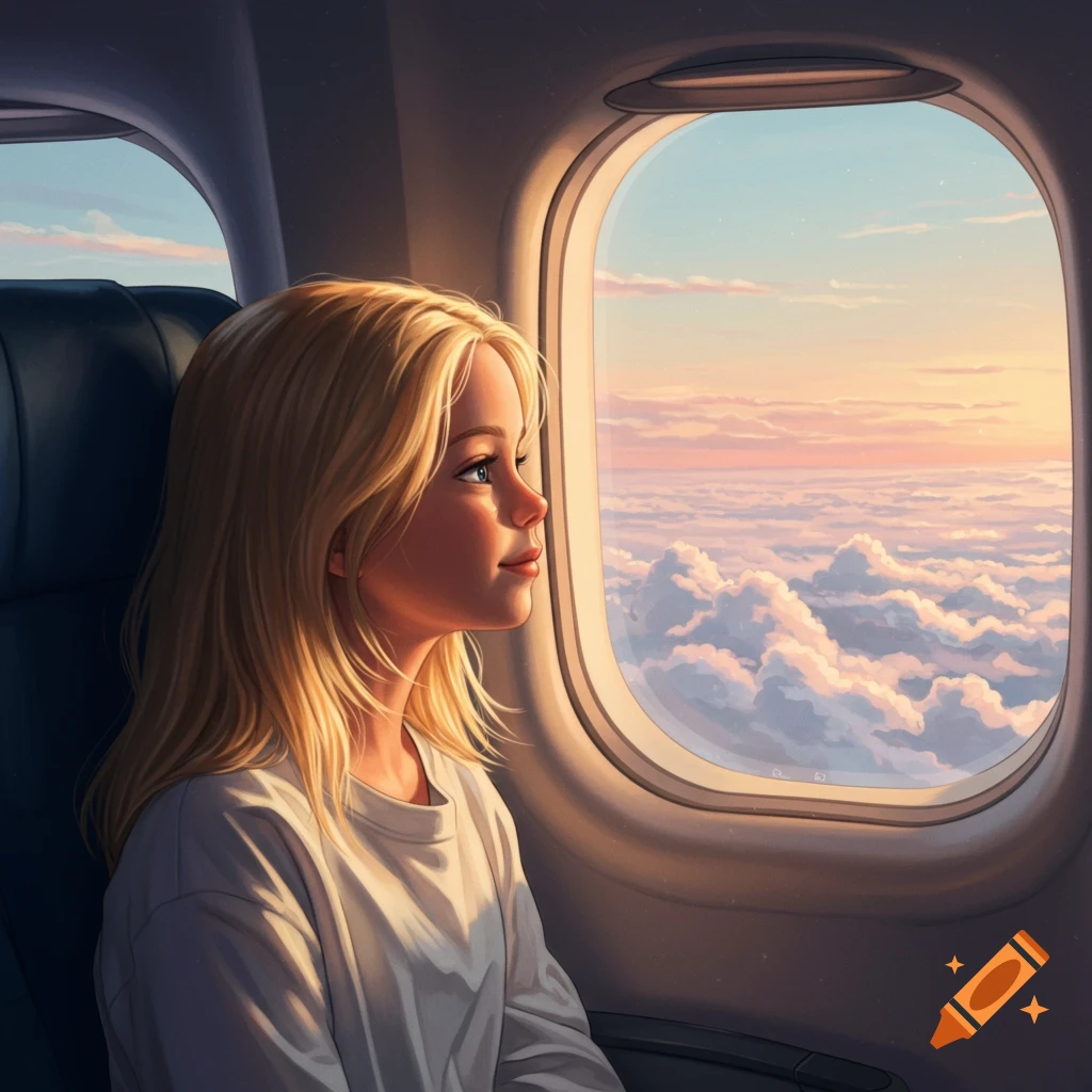 A blonde girl sits on an airplane, looking out the window at the sunset clouds. Digital art.