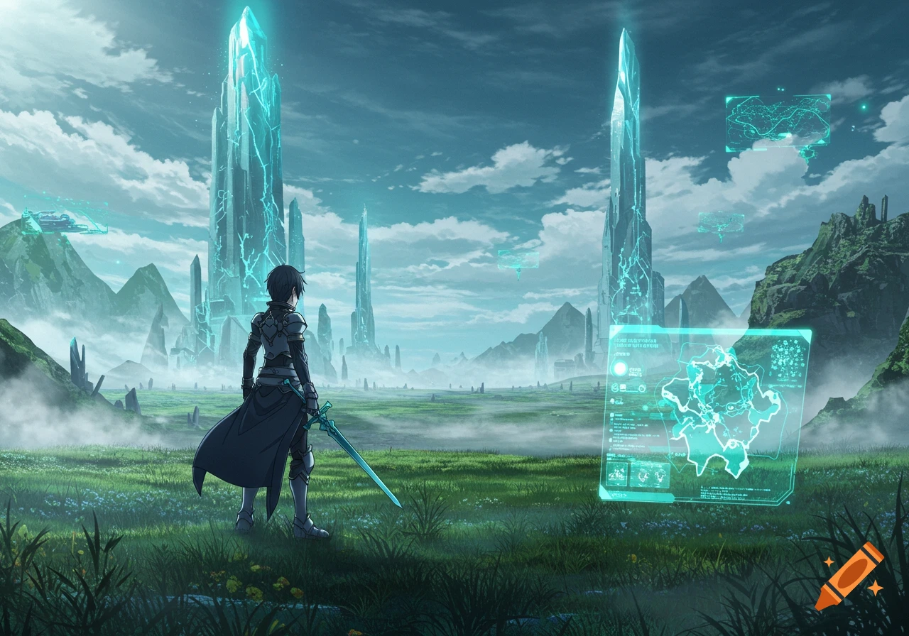 An anime character, possibly Kirito, stands with a sword in a futuristic landscape with glowing crystal towers and holographic displays.