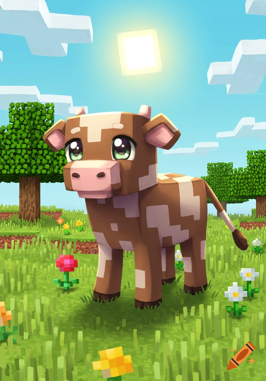 An anime-style Minecraft cow with large green eyes stands in a vibrant blocky green field under a bright square sun.