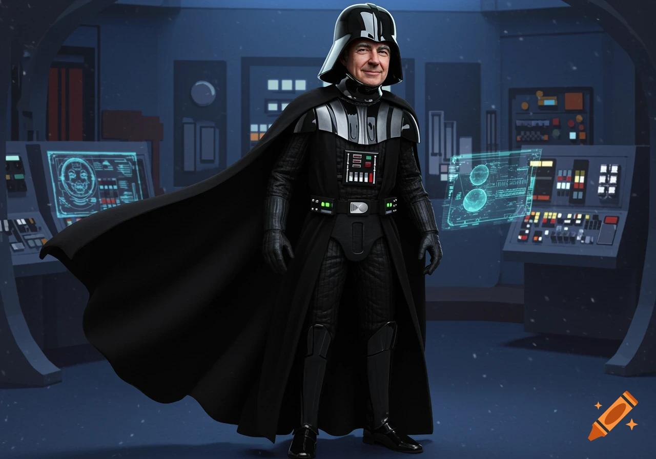 Mr. Rogers wearing a full Darth Vader costume stands in a spaceship control room.