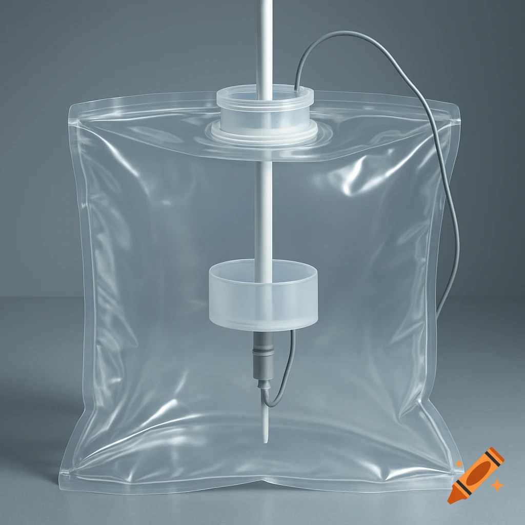 A transparent plastic mixing bag contains a white rod, a collar, and a probe with a wire, against a gray background.