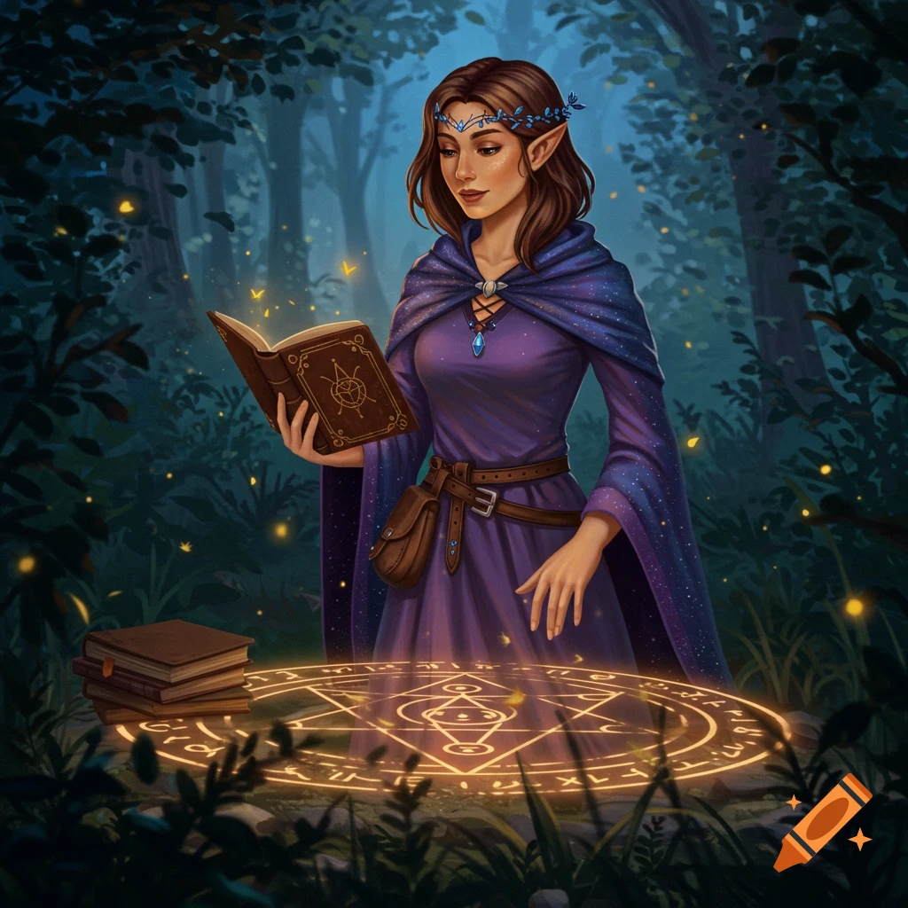 An elf-like woman in a dark forest reads a spellbook over a glowing magical circle, with fireflies around her.