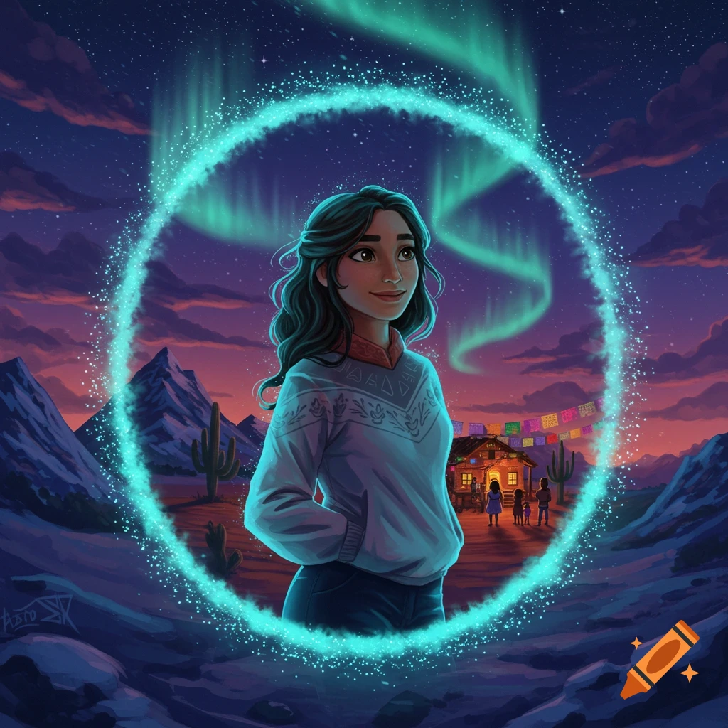 Illustrated young woman in a desert landscape, encircled by a glowing teal ring under a starry night sky with aurora.