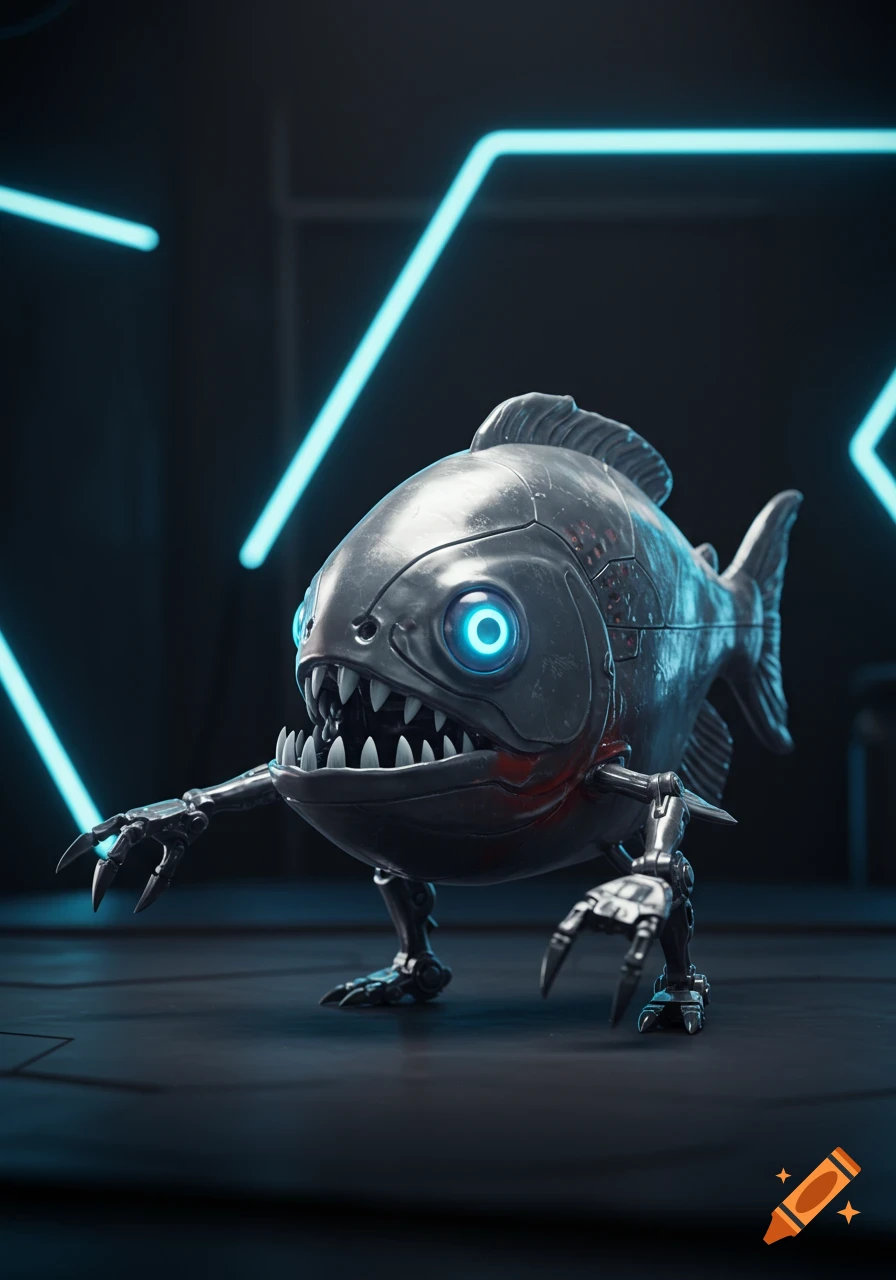 A metallic silver robotic piranha-like creature with sharp teeth and blue glowing eyes, standing in a dark room with neon lights.