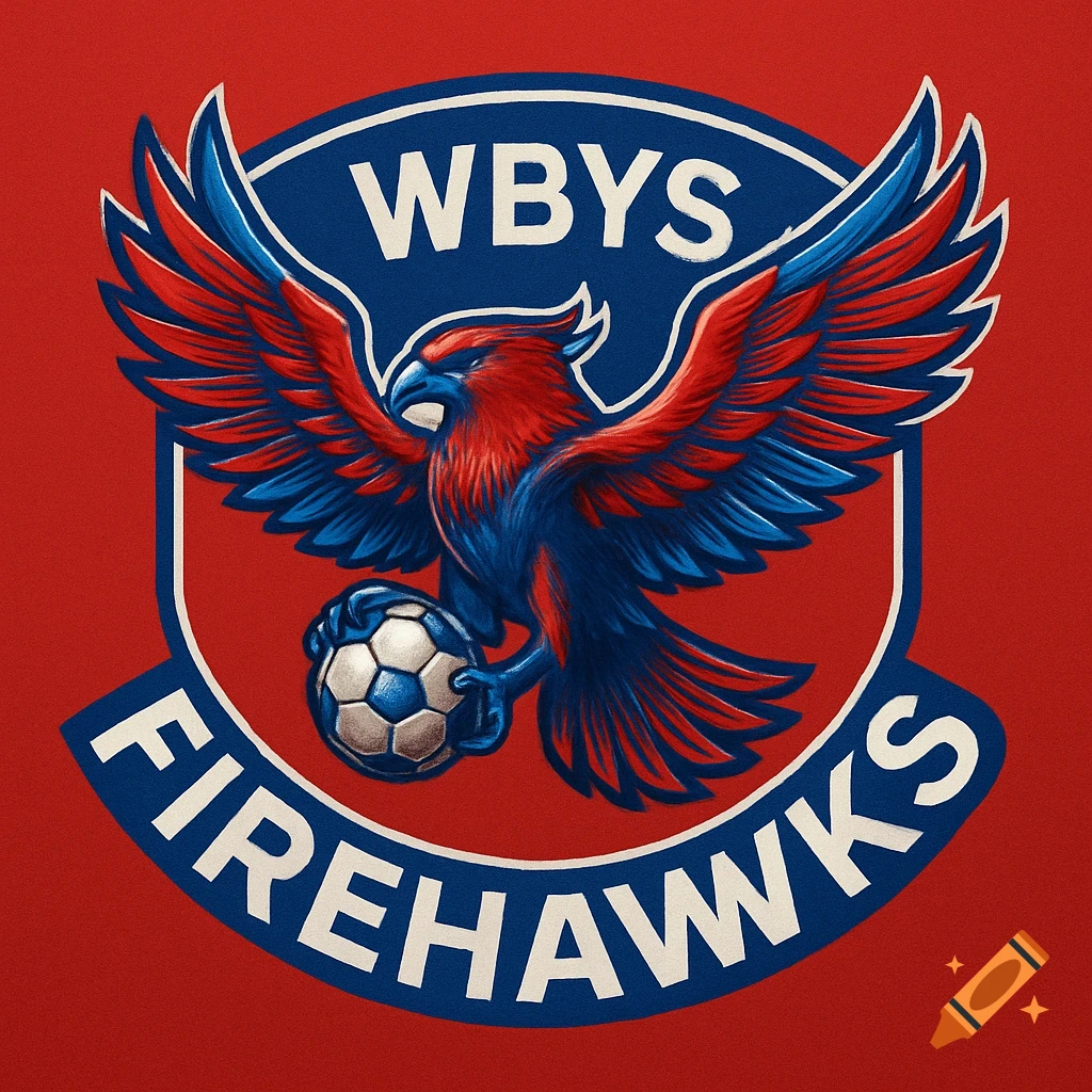 Team logo with a red and blue firehawk clutching a soccer ball, with "WBYS" above and "FIREHAWKS" below on a red background.