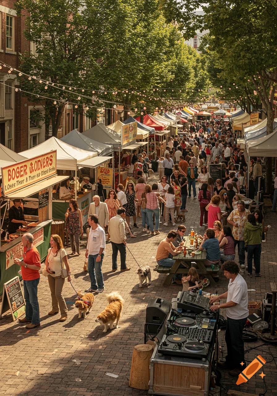 A bustling outdoor street fair with market stalls, many people, dogs, and a DJ playing music under string lights.