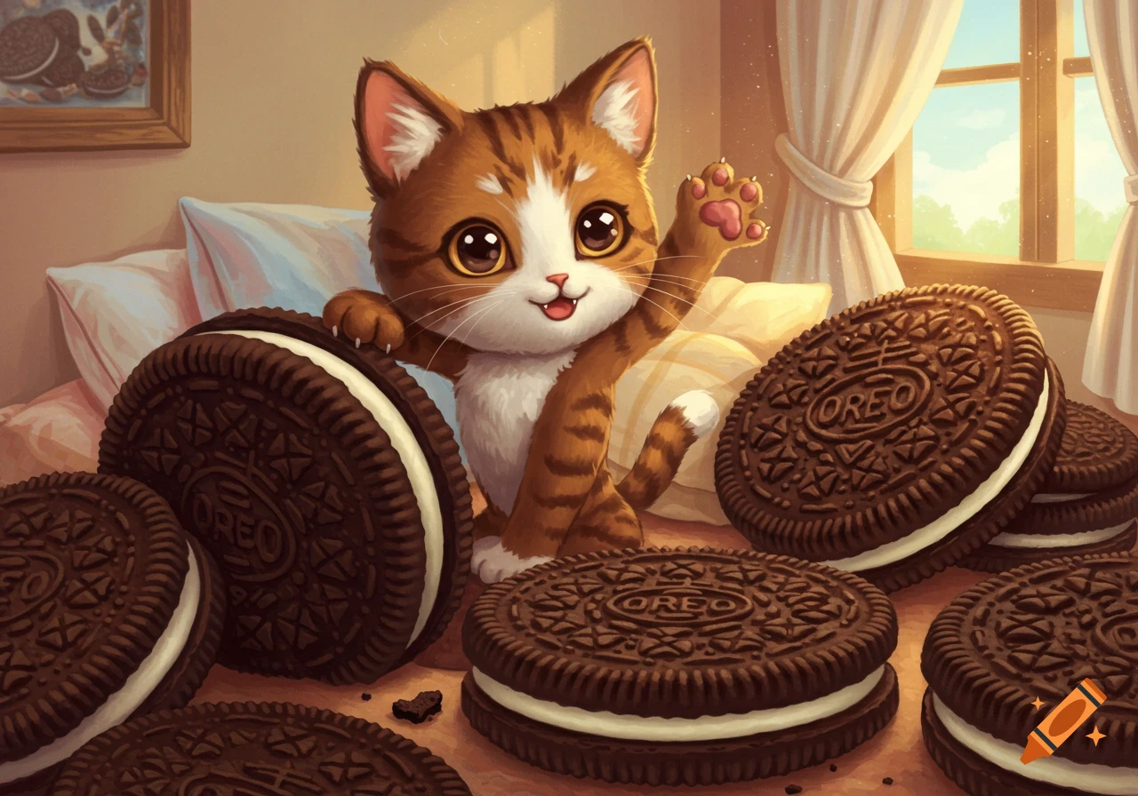 A cute cartoon orange and white tabby kitten playing with several large Oreo cookies in a sunlit room.