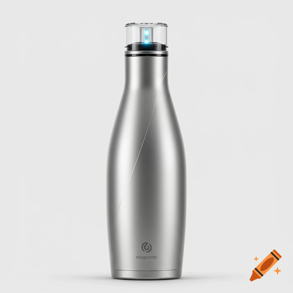 A sleek, silver futuristic water bottle with a glowing blue light on its transparent cap, isolated on a white background.