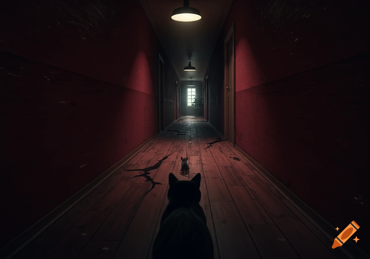 First-person view of a black cat chasing a mouse down a long, dark, red-walled hallway with cracked wooden floors, lit by overhead lights.