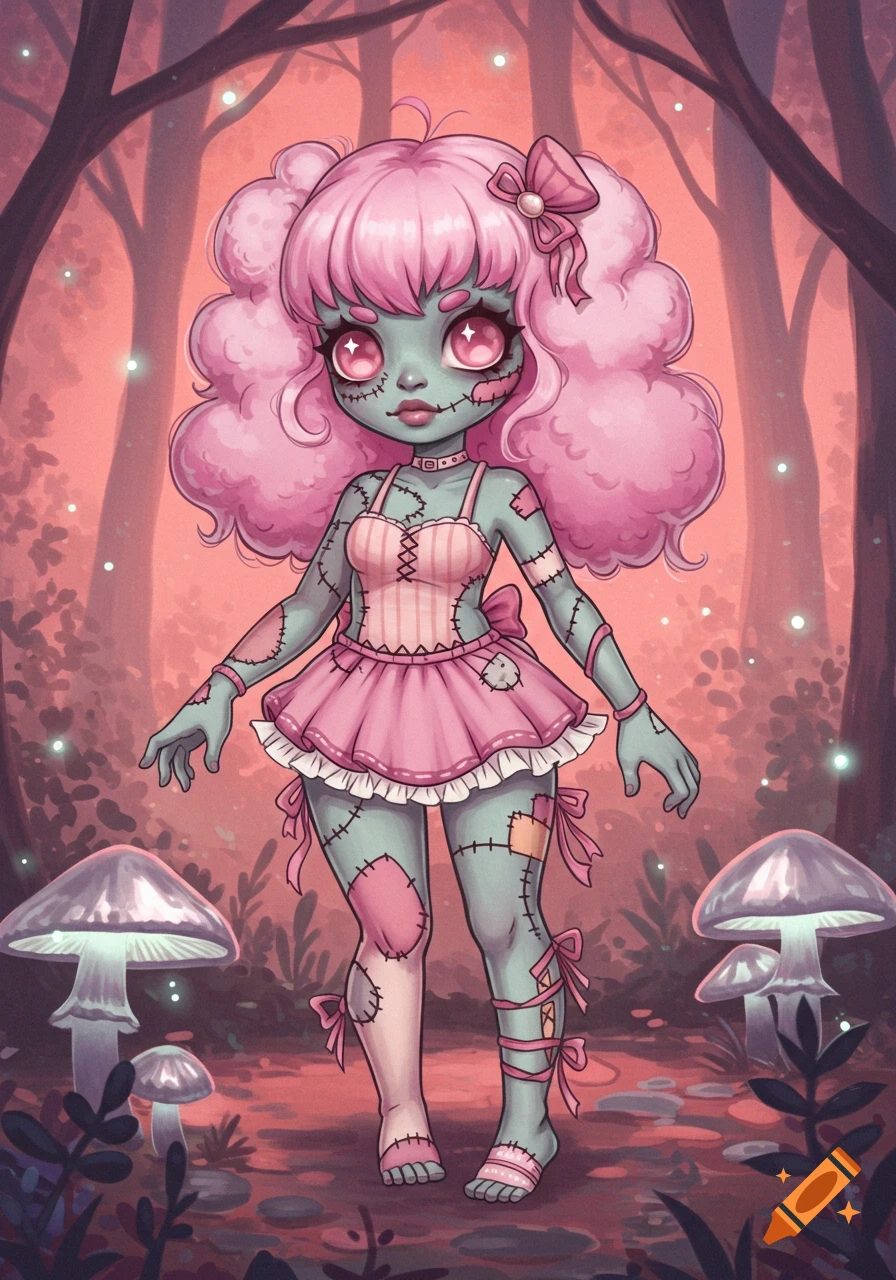 A cute zombie girl with pink curly hair, green skin with stitches, and a pink ruffled dress stands in a magical pink forest with glowing mushrooms.