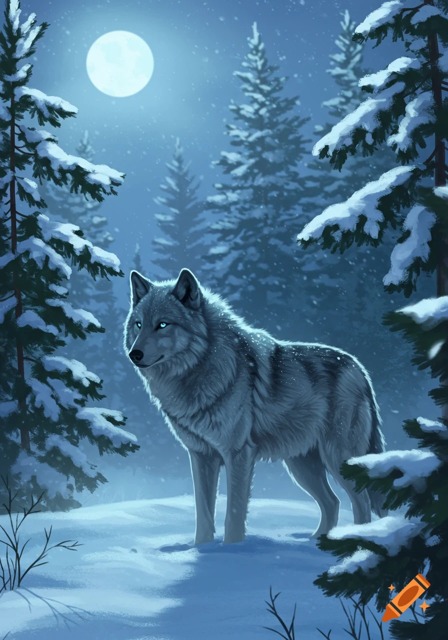 Stylized illustration of a gray wolf with glowing blue eyes standing in a snowy forest under a full moon.