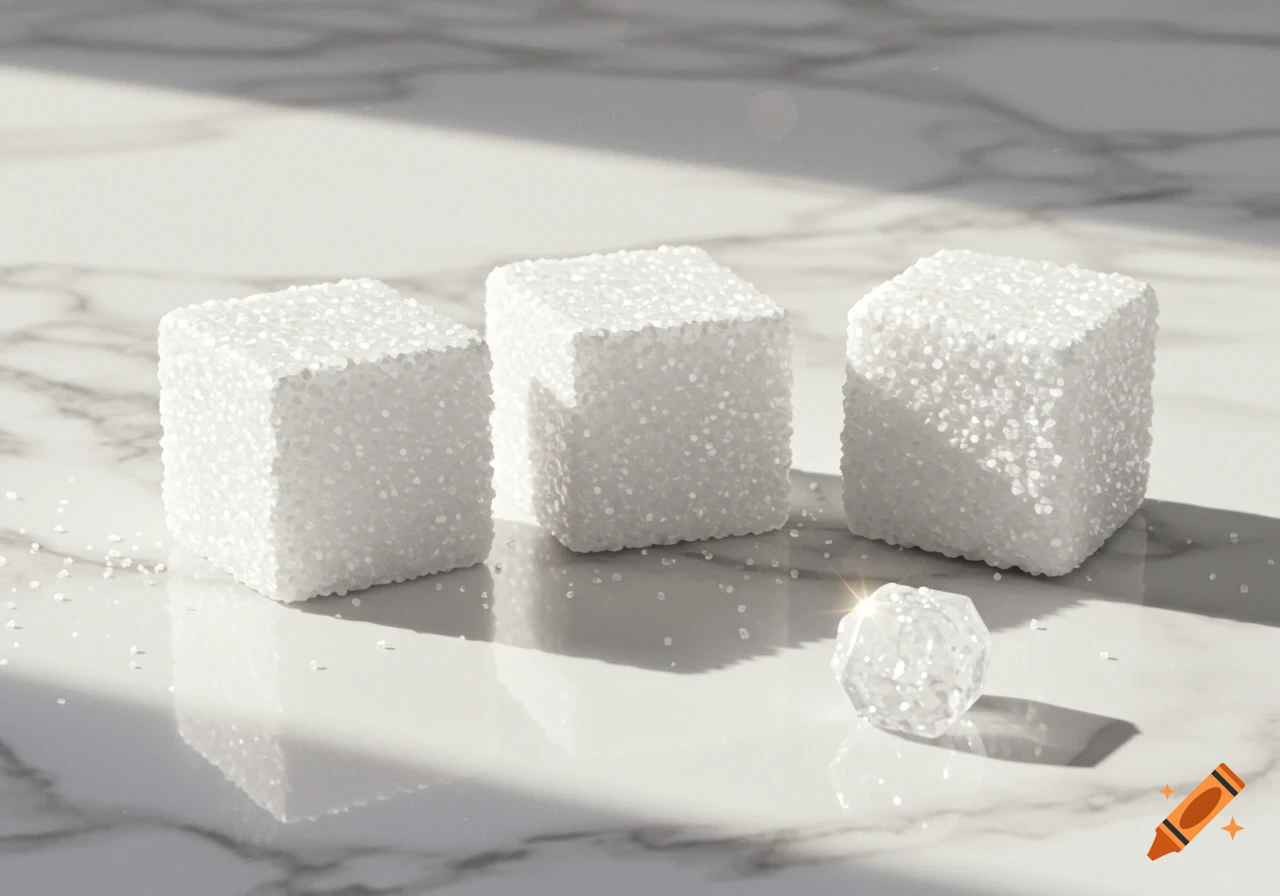 Three white sugar cubes and a faceted sugar crystal on a reflective white marble surface with sunlight and shadows.