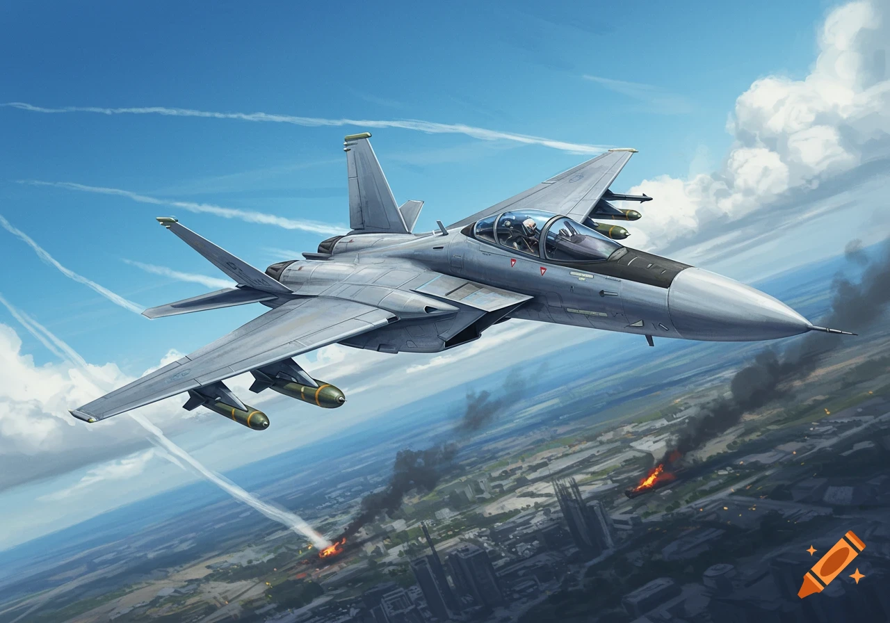 Grey fighter jet with bombs flying over a city experiencing explosions and smoke, against a blue sky. Illustration.