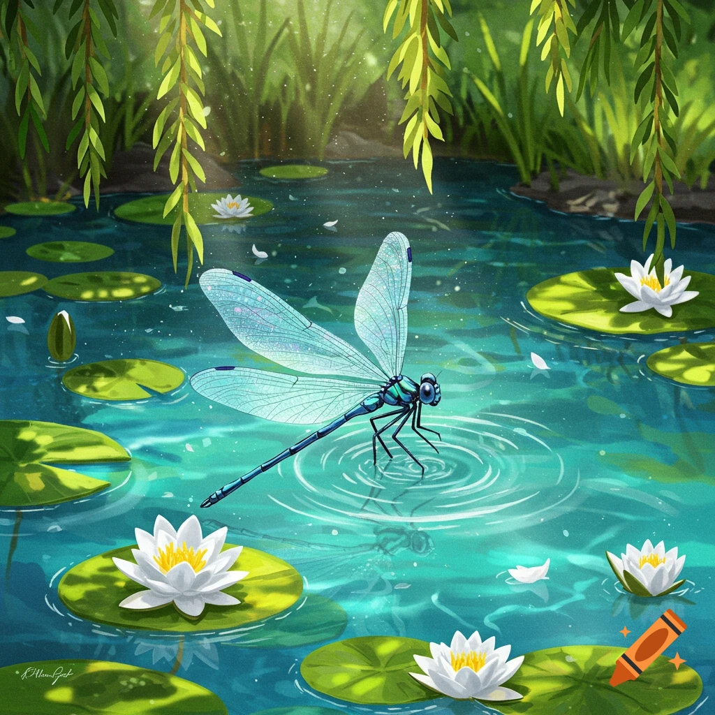 A vibrant blue dragonfly rests on the surface of a pond surrounded by green lily pads and white water lilies, with dappled sunlight shining through hanging willow leaves.