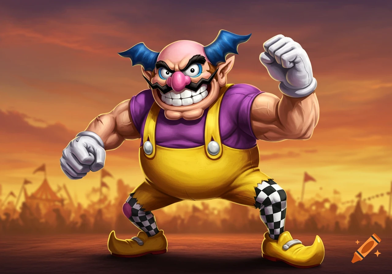 A muscular, cartoonish Wario-Mr. Mime fusion character in yellow overalls and a purple shirt, flexing against a sunset carnival background.
