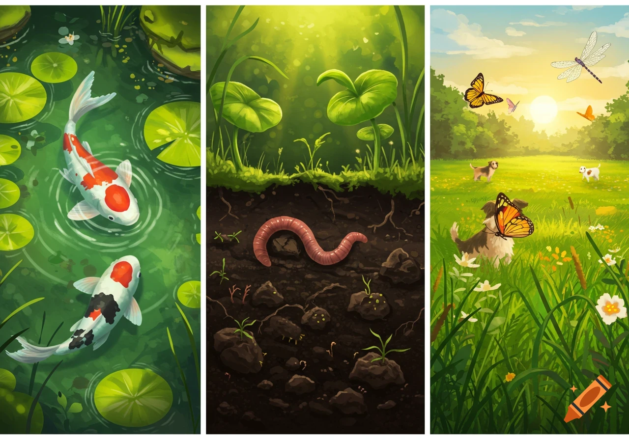 Illustrated triptych of nature scenes: koi in a pond, an earthworm in soil, and dogs with butterflies and a dragonfly in a sunny meadow.