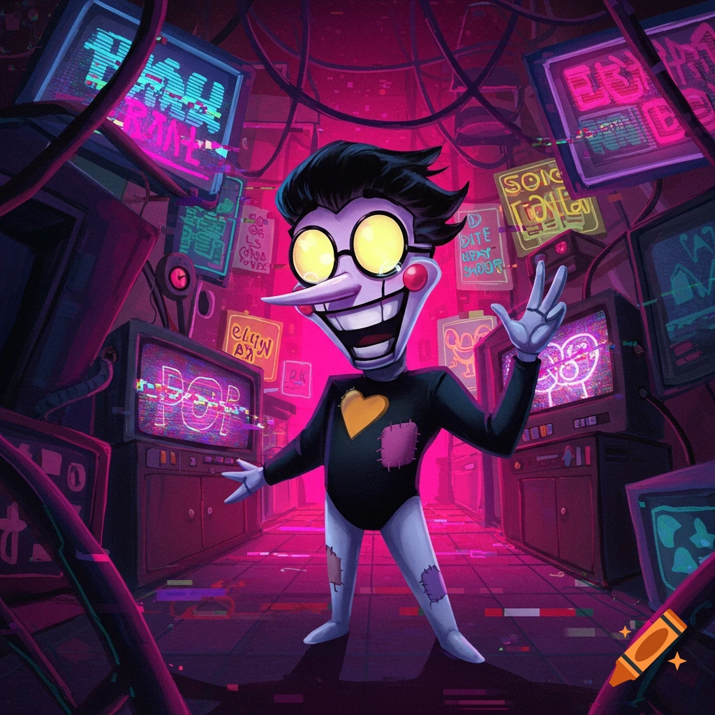 An illustration of Spamton from Deltarune with glowing yellow glasses, a wide grin, and a long nose, standing amidst a chaotic, neon-lit digital environment with glitching screens and wires.