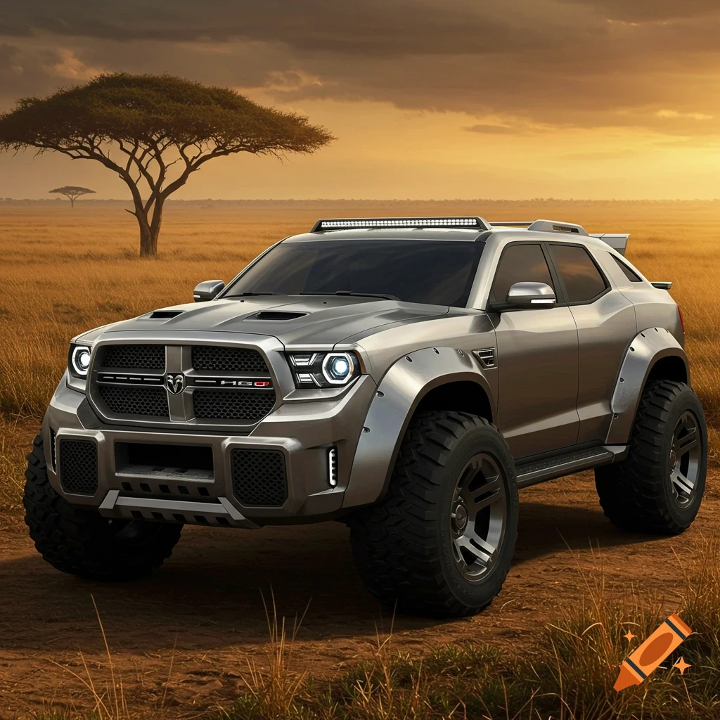 A silver, rugged off-road concept SUV with large tires on a dirt road in a dry savanna landscape with acacia trees at sunset.