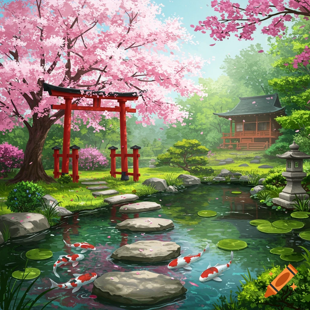 Vibrant illustration of a Japanese garden with a red torii gate under pink cherry blossoms, a pond with koi fish, and a traditional pagoda.