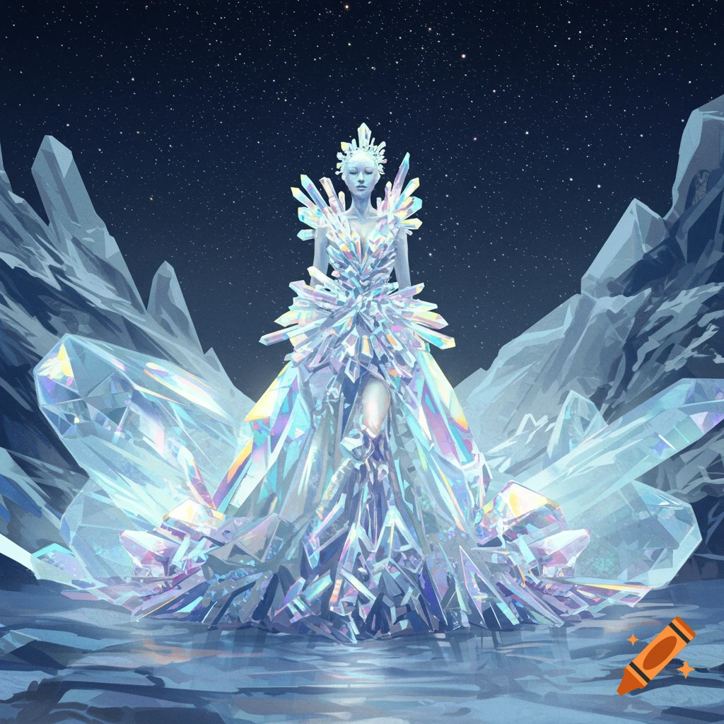 Regal figure in a shimmering crystal dress and crown, standing on ice among large crystal formations under a starry night sky.