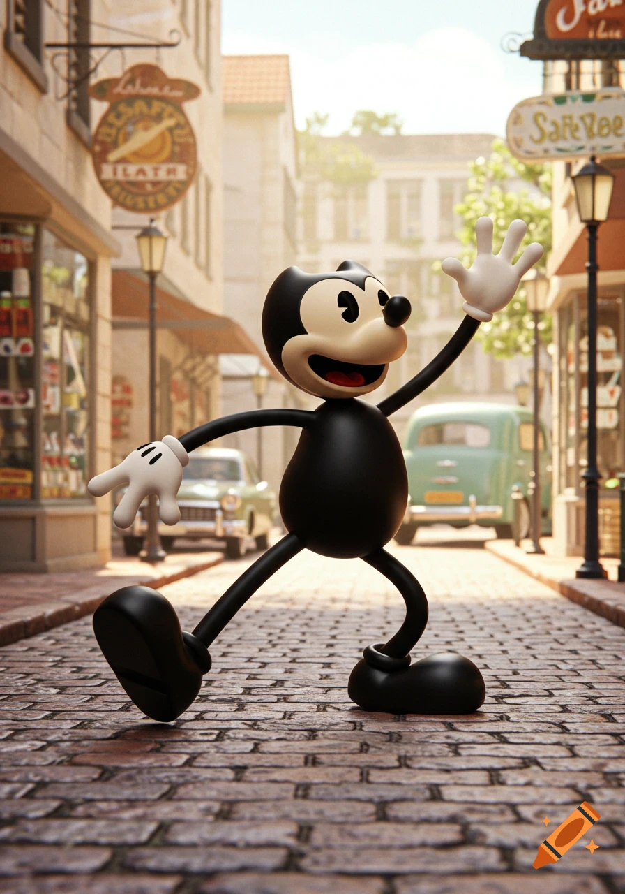 A black rubber-hose style cartoon character with white face and gloves walks down a cobblestone street, waving. Vintage cars and buildings are in the background.