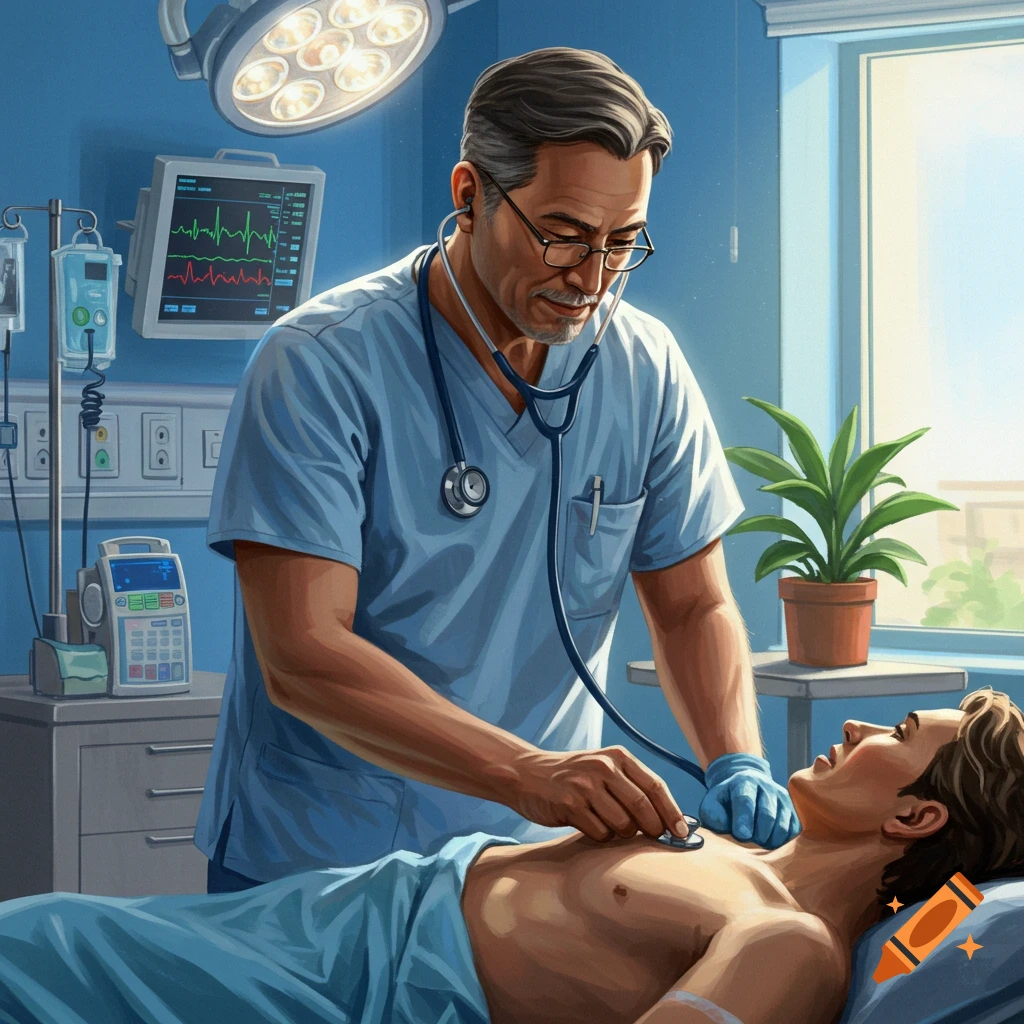 A male doctor in blue scrubs and glasses uses a stethoscope to examine a patient lying in a hospital bed, with medical equipment visible.