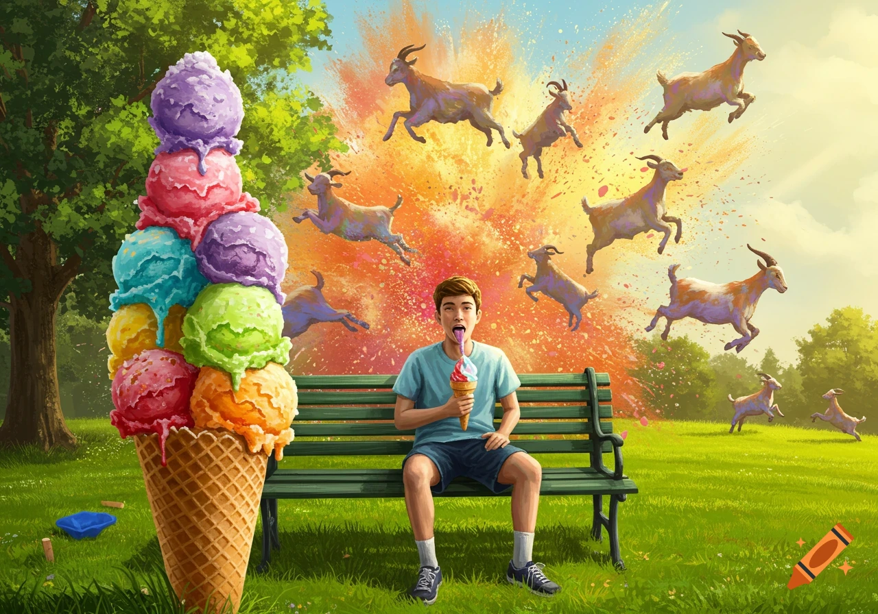 A man sits on a park bench eating a multi-scoop ice cream cone as goats explode in colorful bursts behind him.
