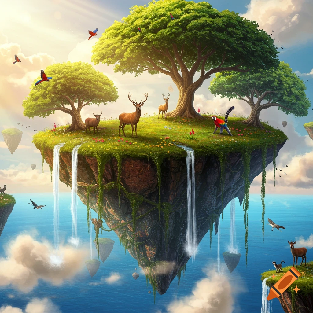 Vibrant fantasy art of a lush floating island with waterfalls, trees, deer, and colorful birds above a blue ocean.